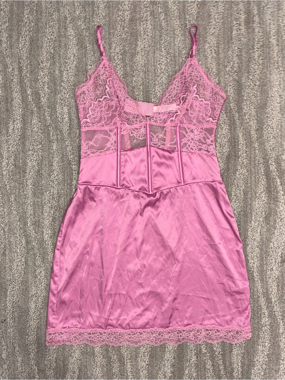 Victoria’s Secret Satin Corset Mini Slip Dress Pink Lace Sheer Women’s Sz S